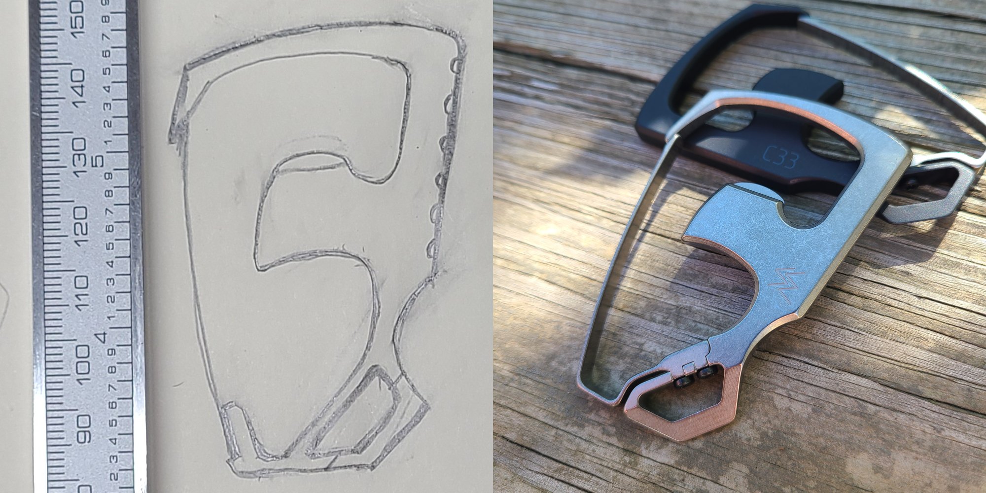 Pencil sketch of a bottle opener carabiner beside the finished machined part
