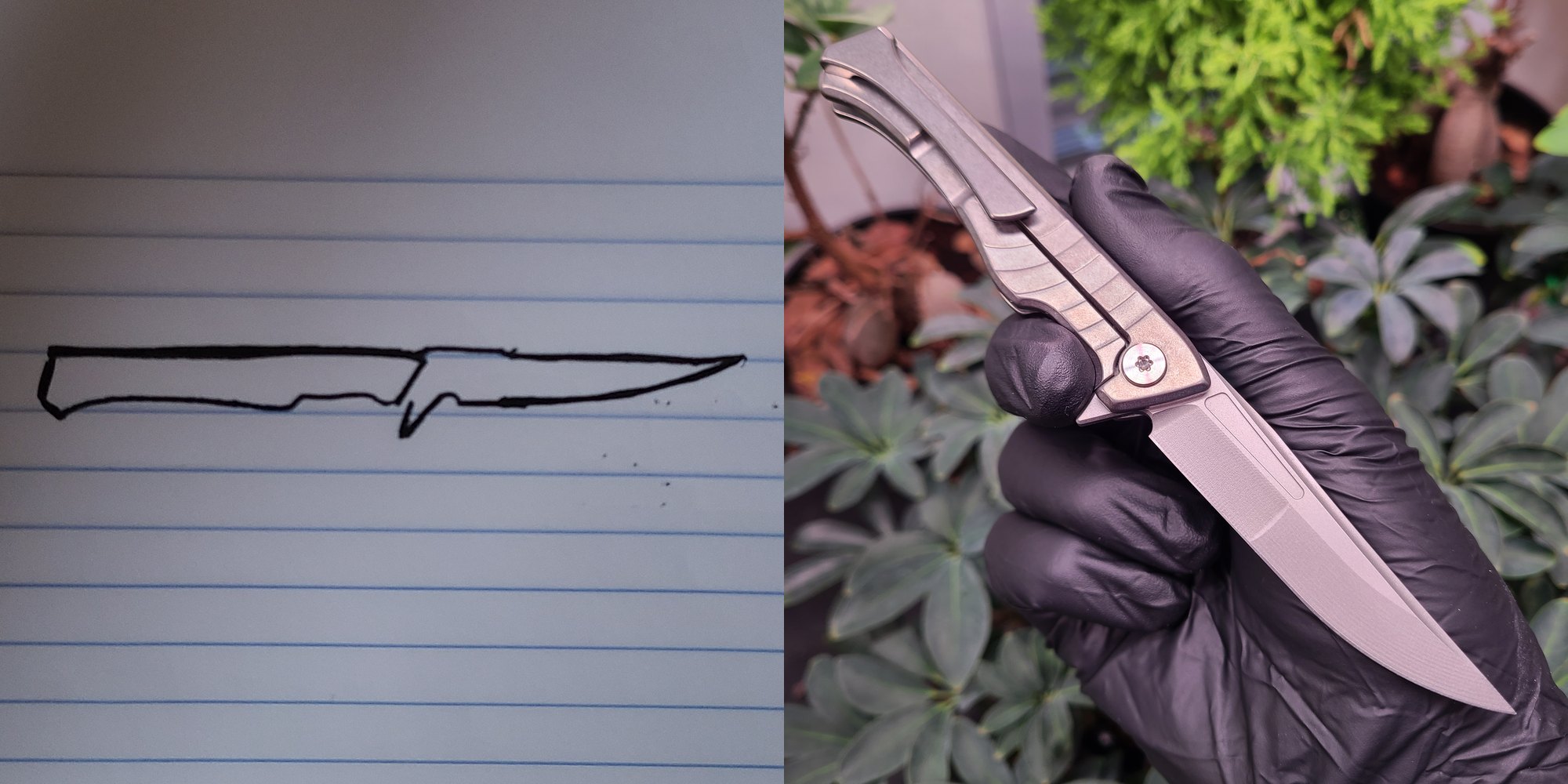 Simple pen sketch of a knife on notebook paper beside the finished folding knife