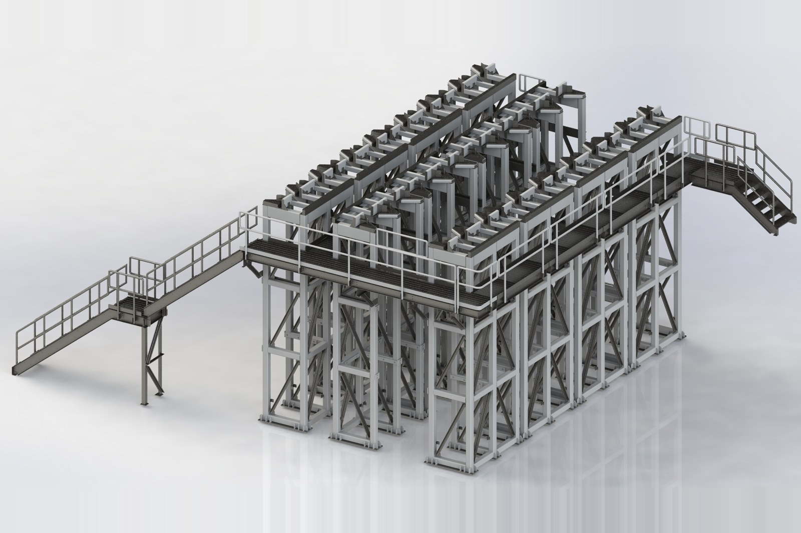 CAD render of a multi-bay support structure with elevated walkways, stairs, and railings