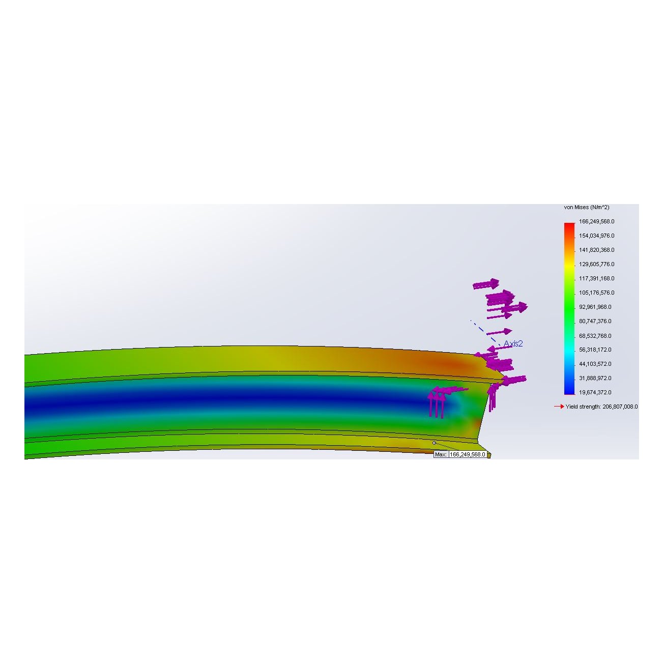 FEA stress plot of a stitched beam, legend visible